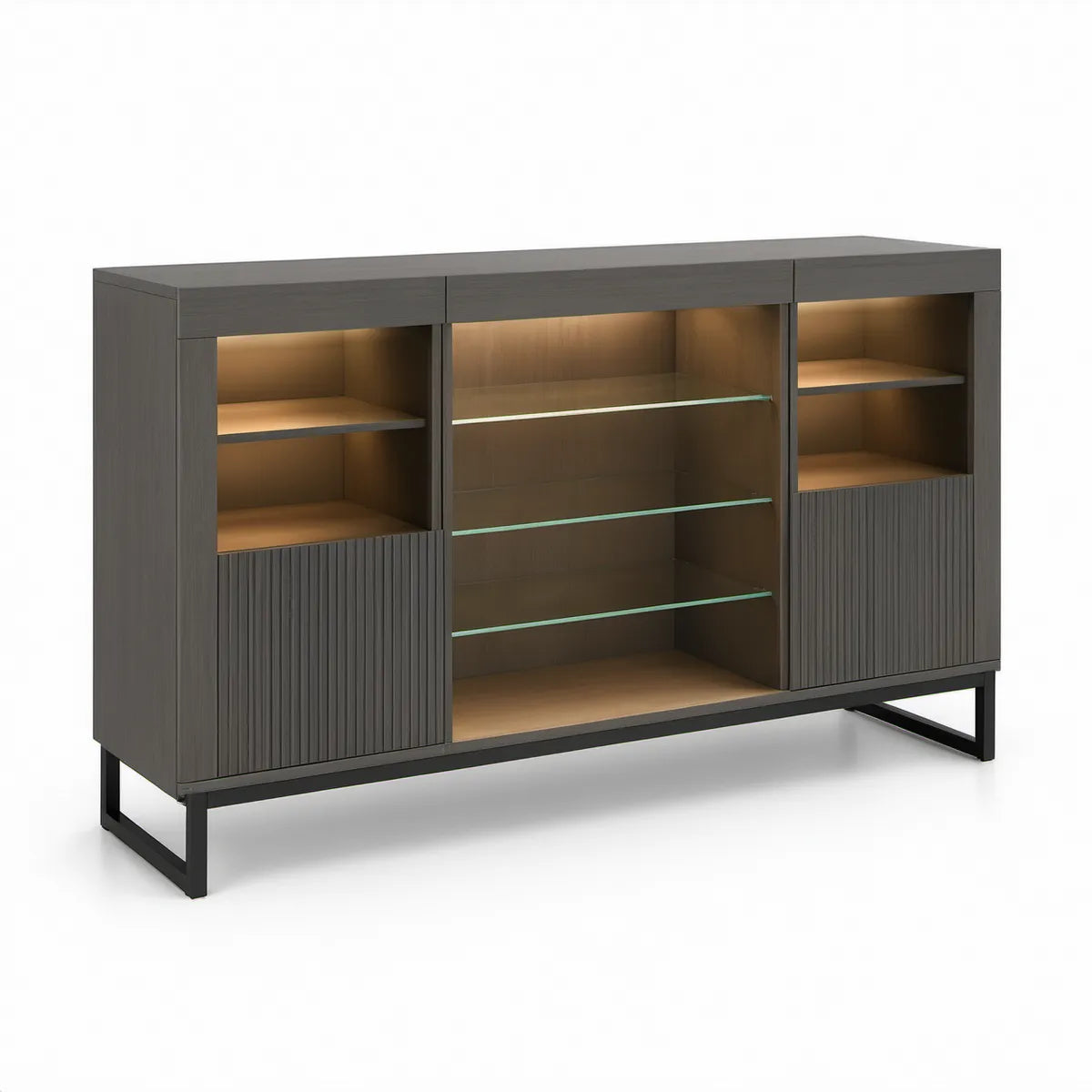 Highboard mit LED-Beleuchtung, 160 x 40 x 120 cm, MDF und Glas, Dunkelgrau/Schwarz