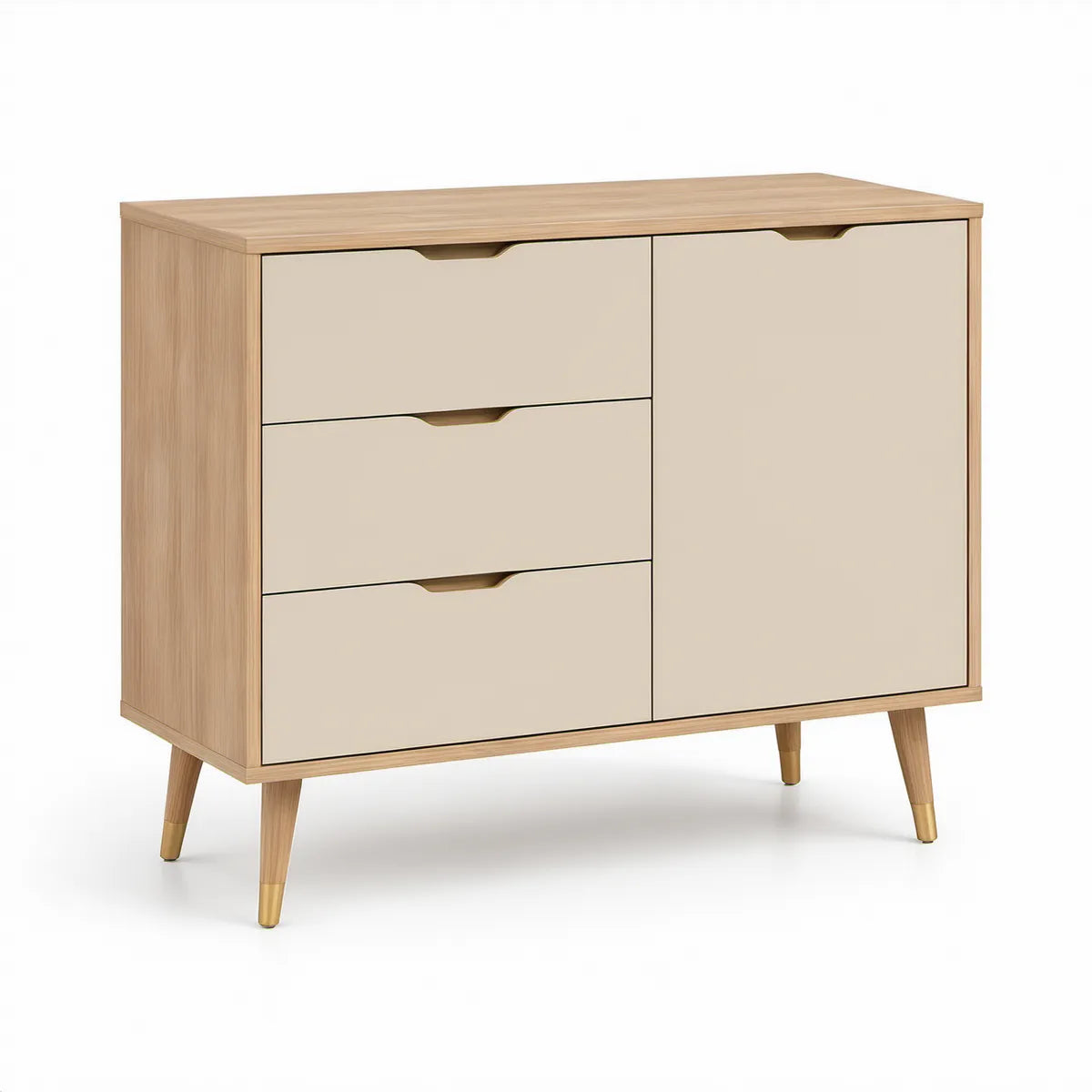 Sideboard mit 2 Türen und 3 Schubladen, Eichenoptik und Beige, 120 x 40 x 100 cm