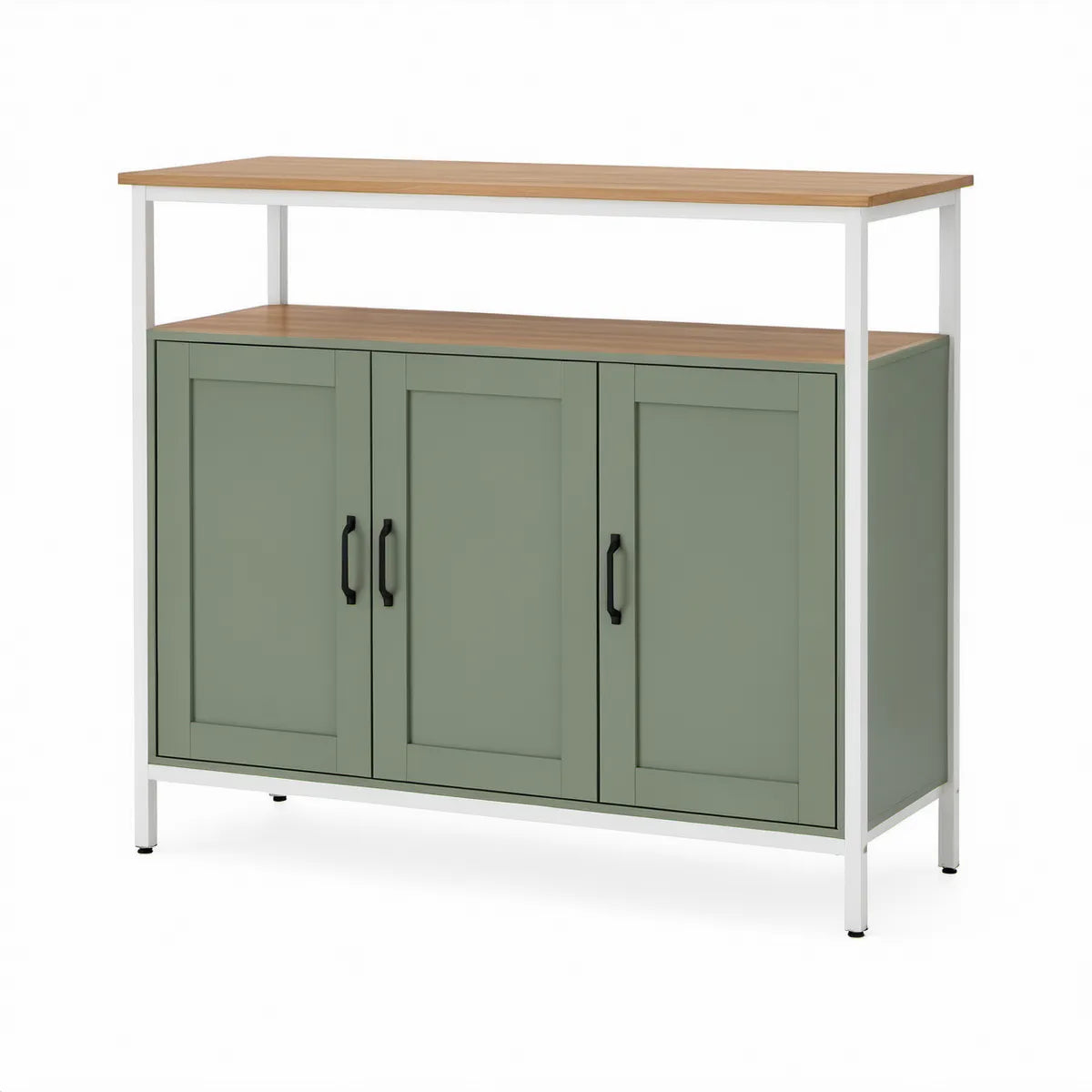 Sideboard mit 3 Türen und offenem Ablagefach, Bambus und MDF, Salbeigrün/Weiss, 120 x 40 x 120 cm