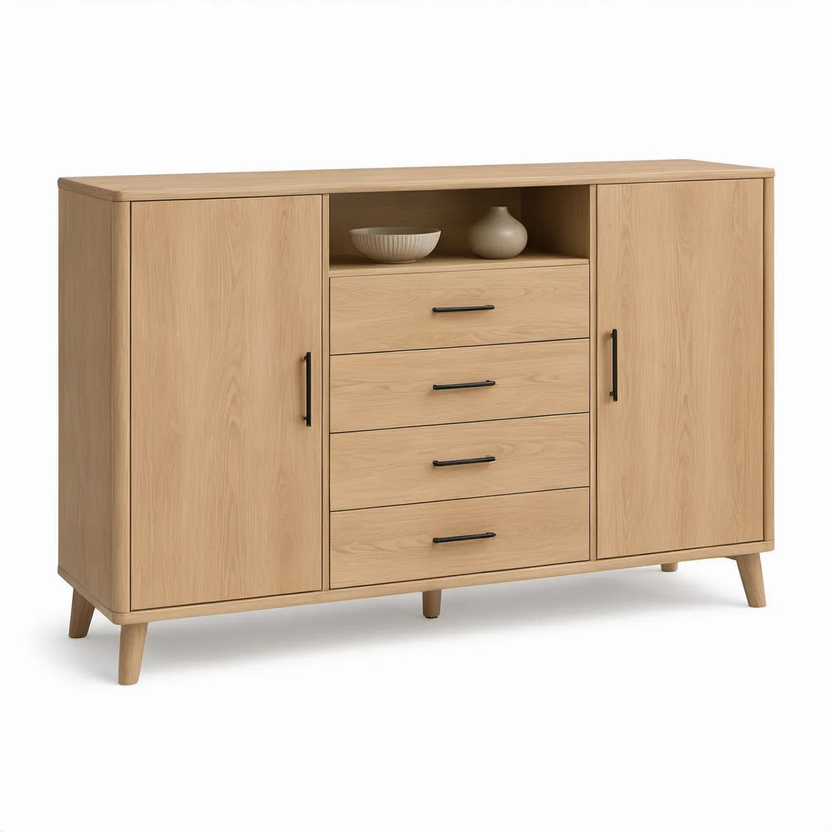 Stauraumschrank 160 x 40 x 100 cm in heller Eichenoptik mit 2 Türen, 4 Schubladen und offenem Fach