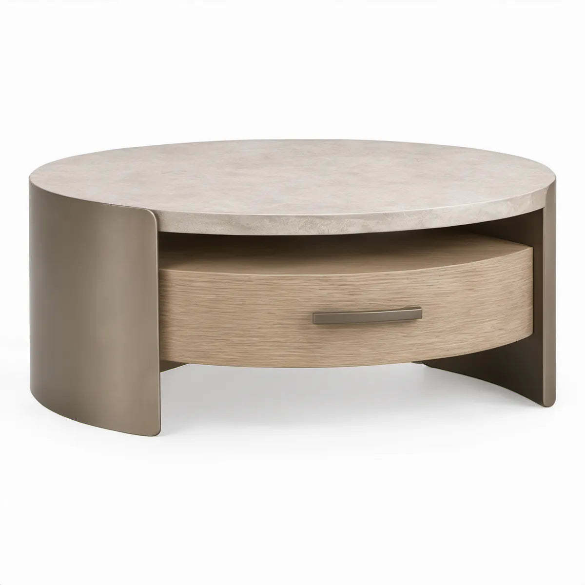 Runder Couchtisch mit Schublade und Ablagefach Ø 90 x 40 cm, Beige/Braun/Eiche hell
