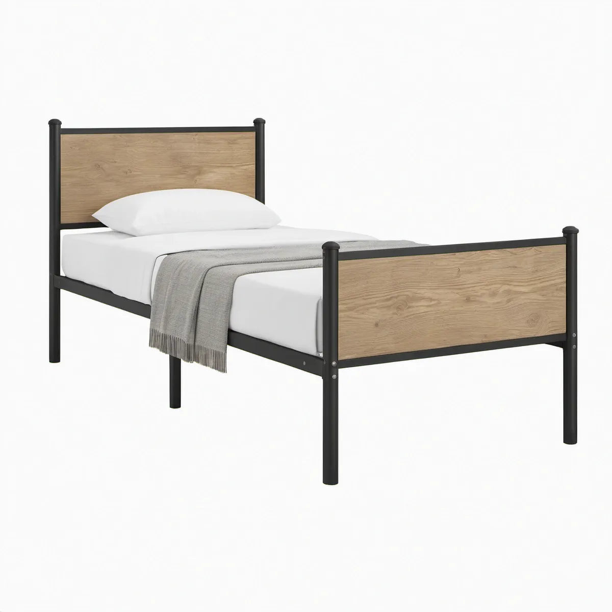 Einzelbett 90 x 200 cm aus Stahl und MDF, Schwarz/Naturholzfarben