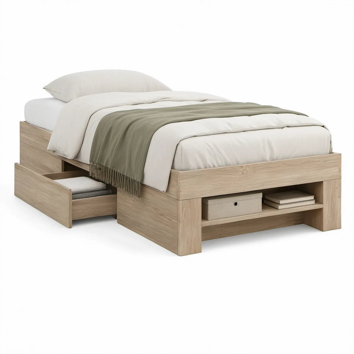 Stauraumbett 90 x 200 cm in heller Eichenoptik mit Schublade und offenen Ablagefächern