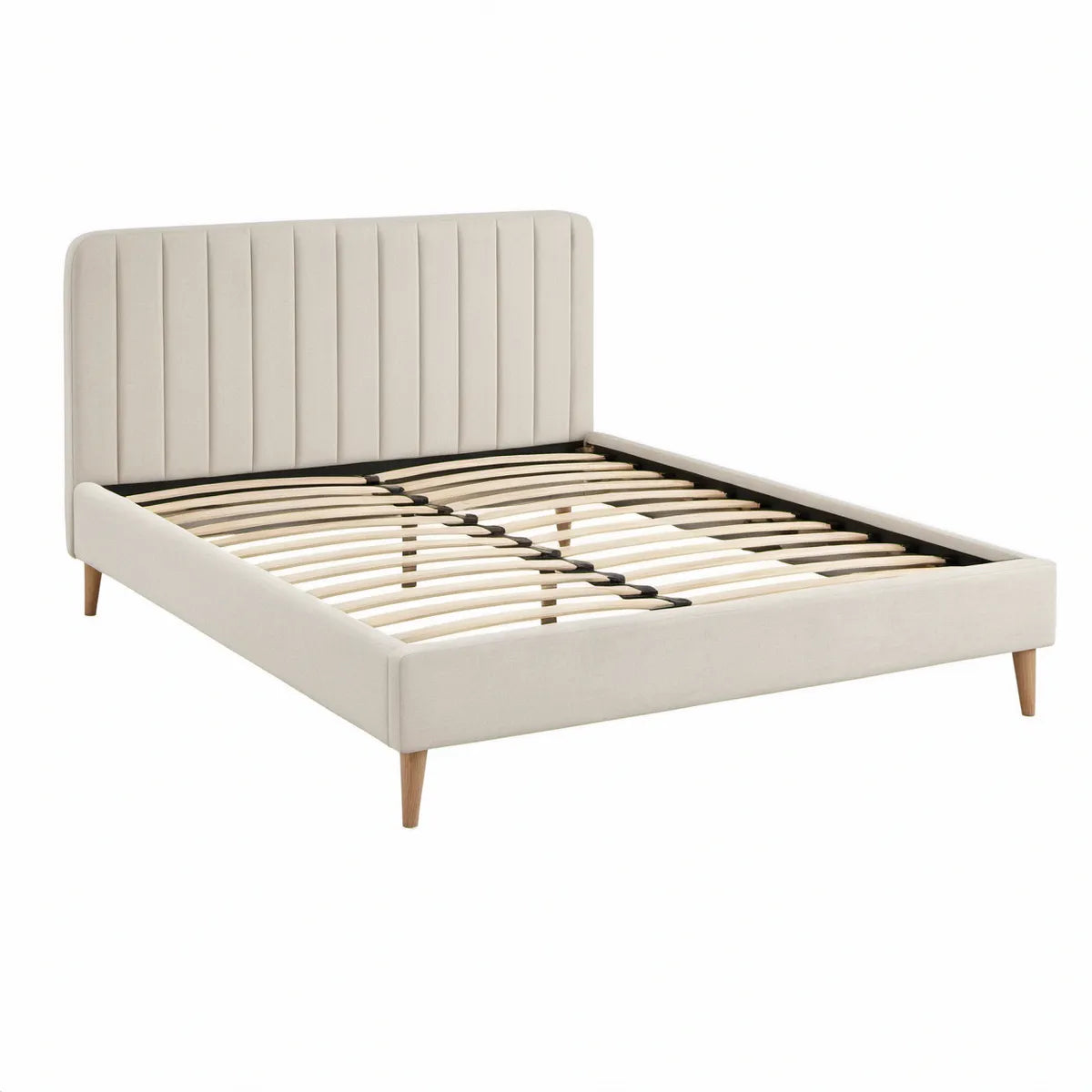 Gepolstertes Doppelbett 160 x 200 cm in Creme mit Lattenrost und Naturholzfüssen