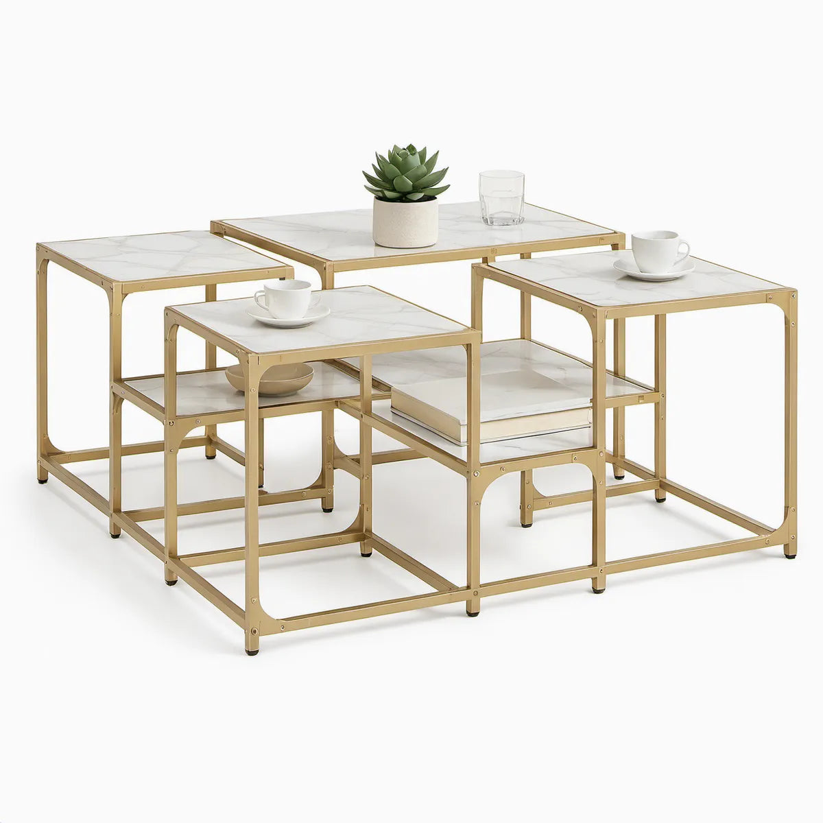 4-teiliges quadratisches Tischset mit Ablagen, Marmoroptik Weiss/Gold, 40–55 cm