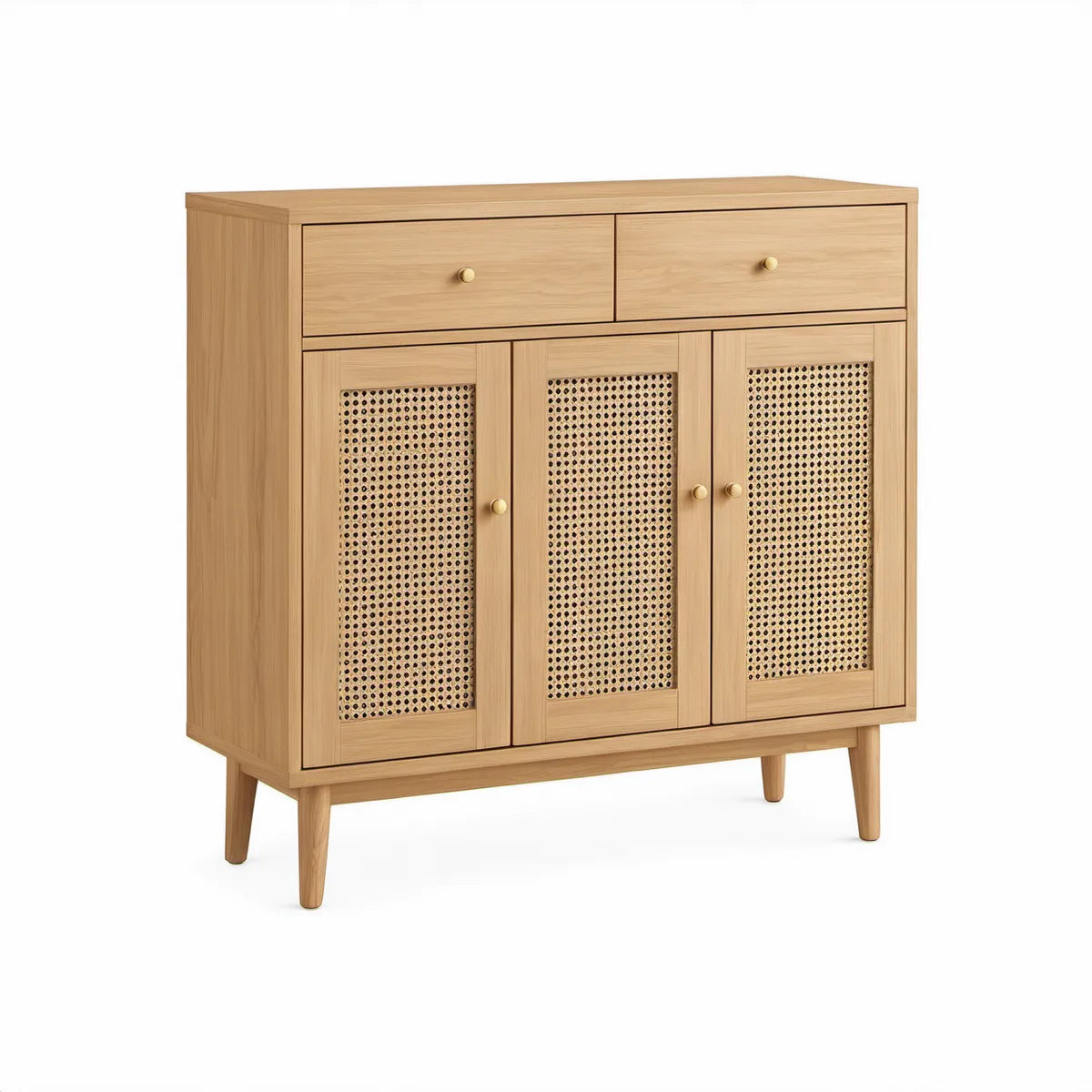 Rechteckiges Sideboard aus Eichenfurnier und Rattan, Naturholz/Beige/Gold, 120 x 40 x 110 cm