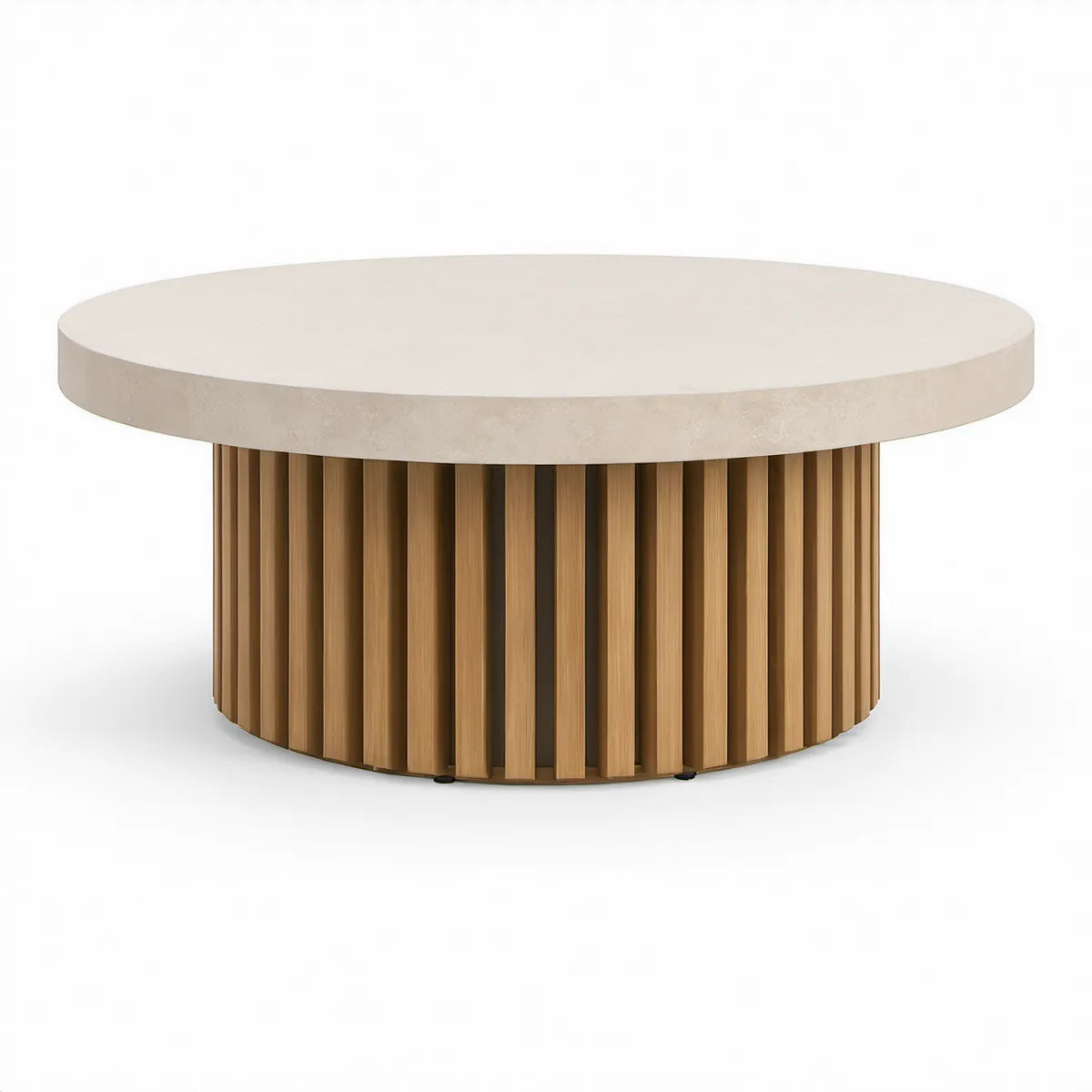 Runder Couchtisch Ø 90 x H 40 cm in Beige und Naturholz mit Steinoptik und Lamellensockel