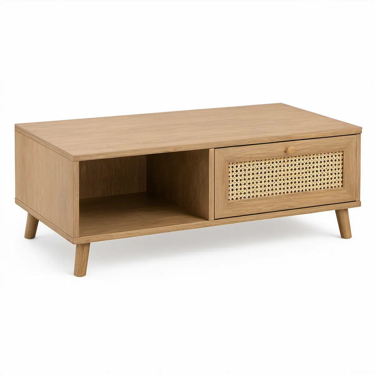 Rechteckiger Couchtisch 100 x 50 x 45 cm aus Eichenfurnier mit Rattangeflecht, Hellbraun/Beige