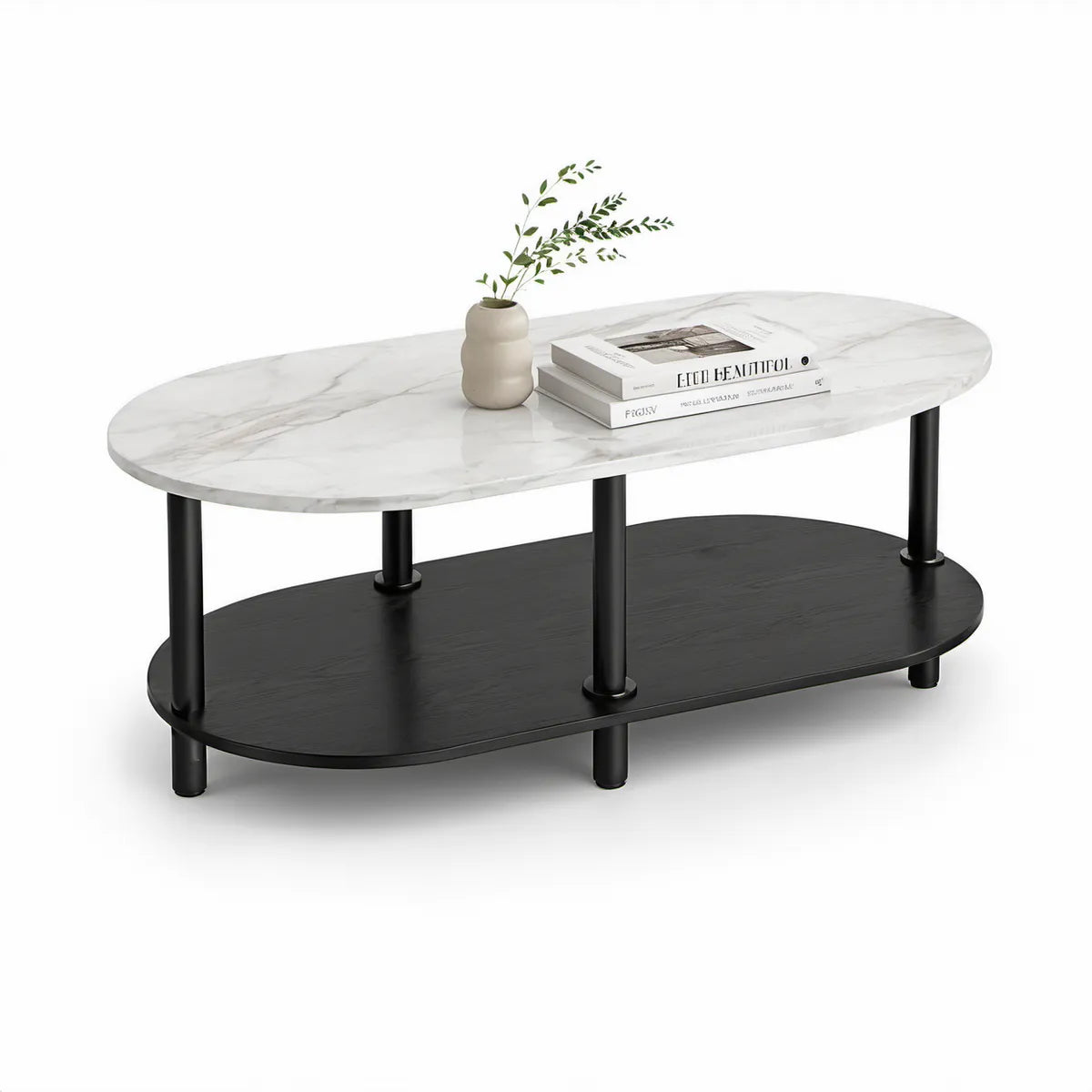 Ovaler Couchtisch mit 2 Ebenen, 100 x 50 x 45 cm, Marmoroptik Weiss/Grau/Schwarz