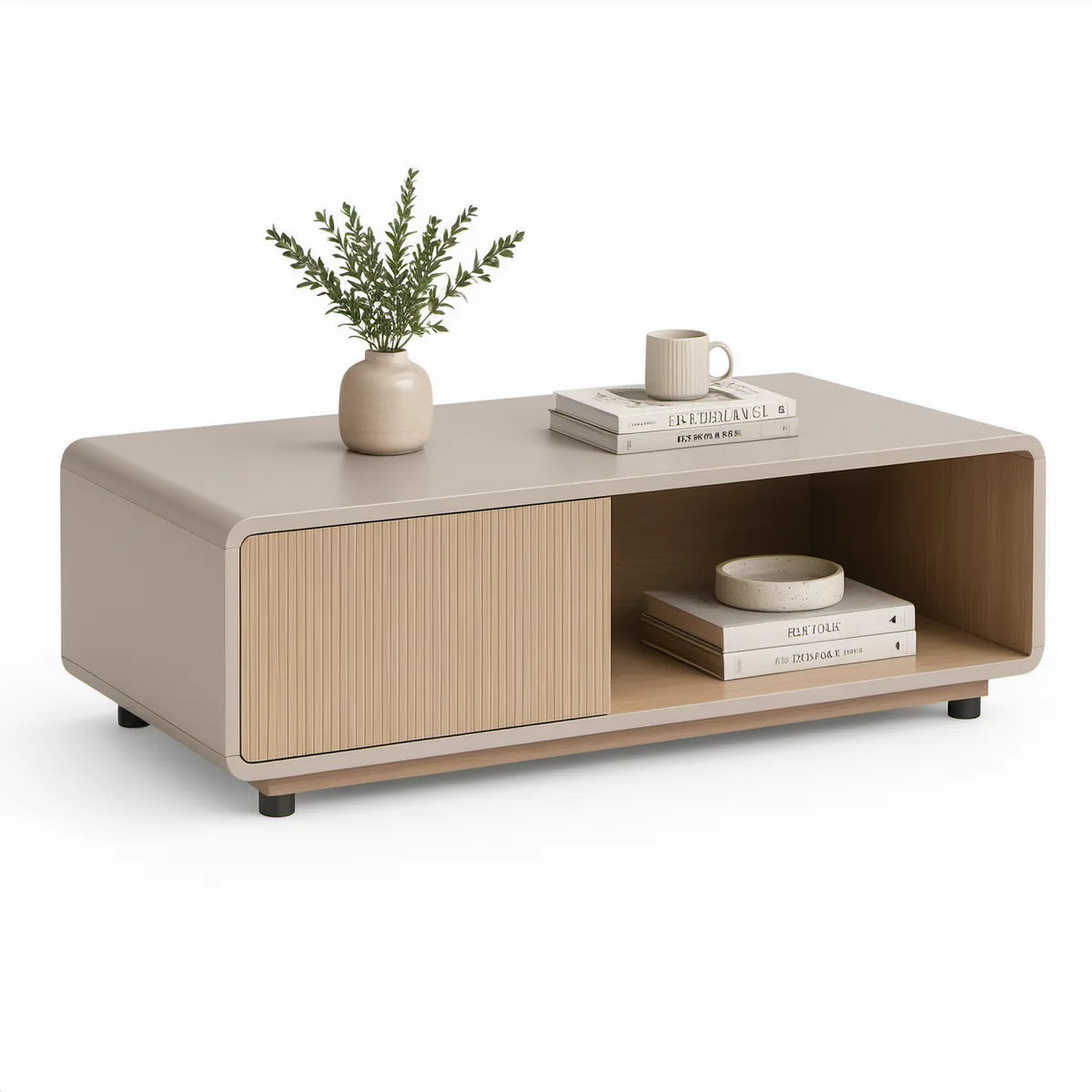 Rechteckiger Couchtisch mit Schiebetür und offenem Fach, 100 x 60 x 40 cm, Beige/Naturholz/Schwarz