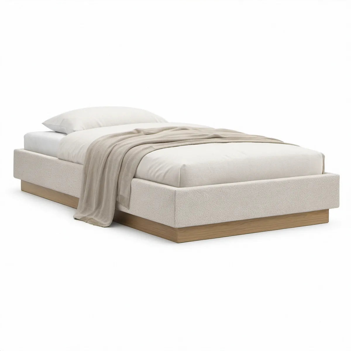 Gepolstertes Bettgestell in Beige mit Sockel in Eichenoptik, Liegefläche 160 x 200 cm, 214 x 174 x 56 cm