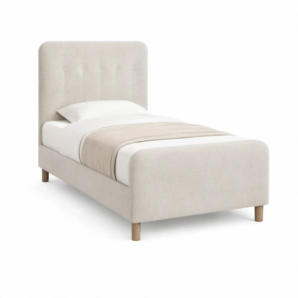 Einzelbett 90 x 200 cm mit Bouclé-Polyesterbezug in Creme/Natur