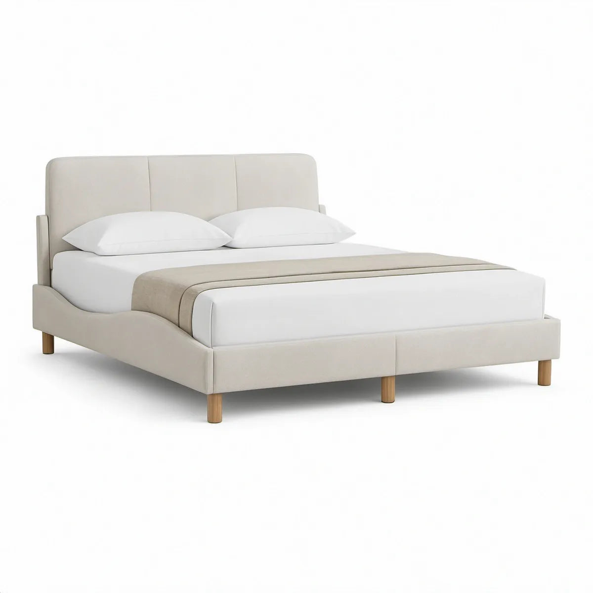 Gepolstertes Doppelbett 160 x 200 cm in Beige mit Naturholzfüssen