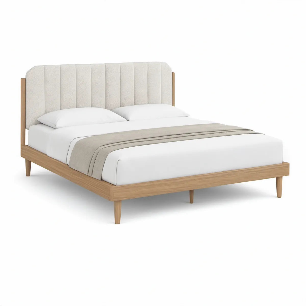 Doppelbettgestell 160 × 200 cm aus massivem Gummibaumholz mit gepolstertem Kopfteil in Natur/Beige